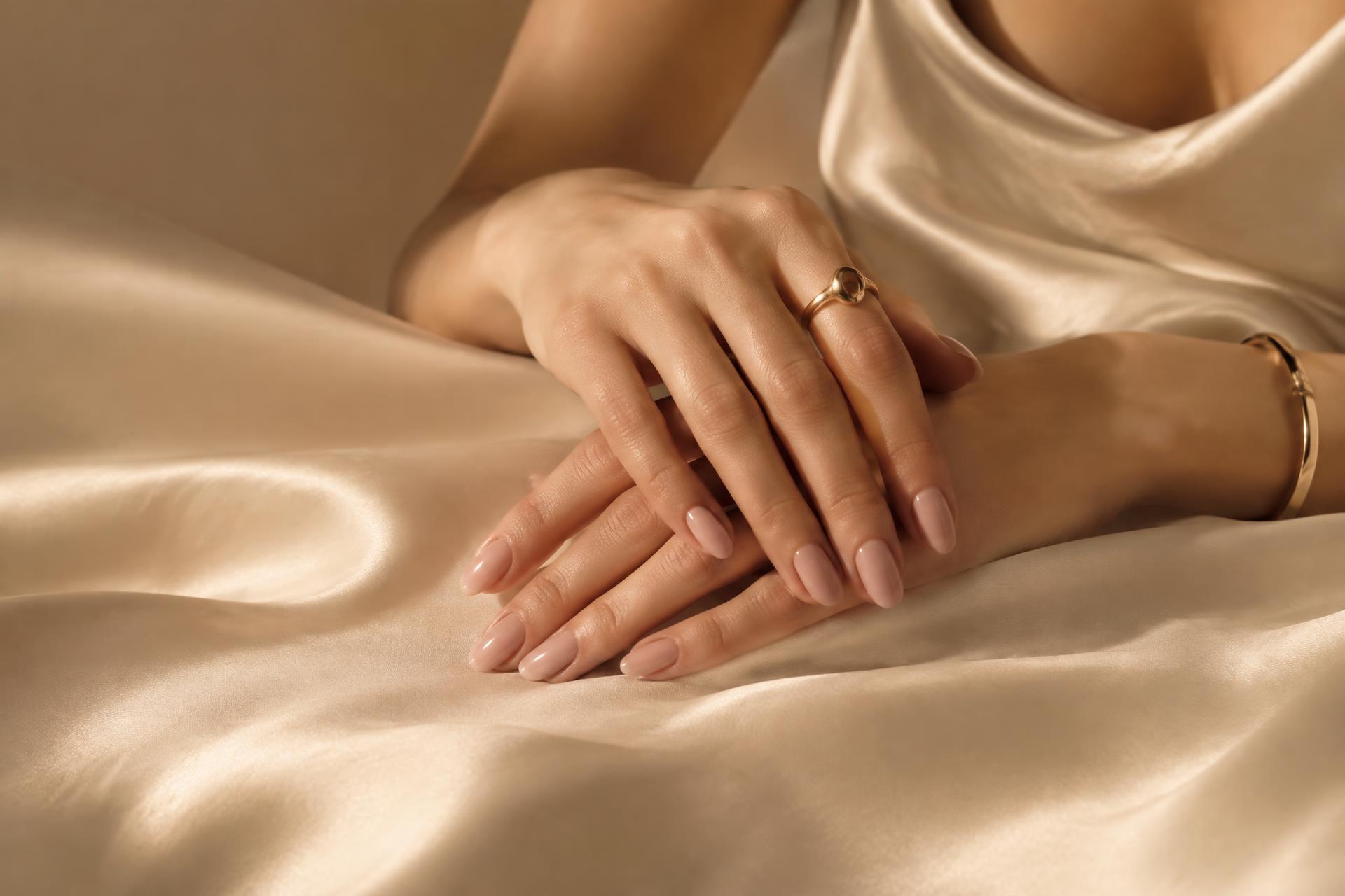 Elegant hands with soft nude manicured nails resting on silk